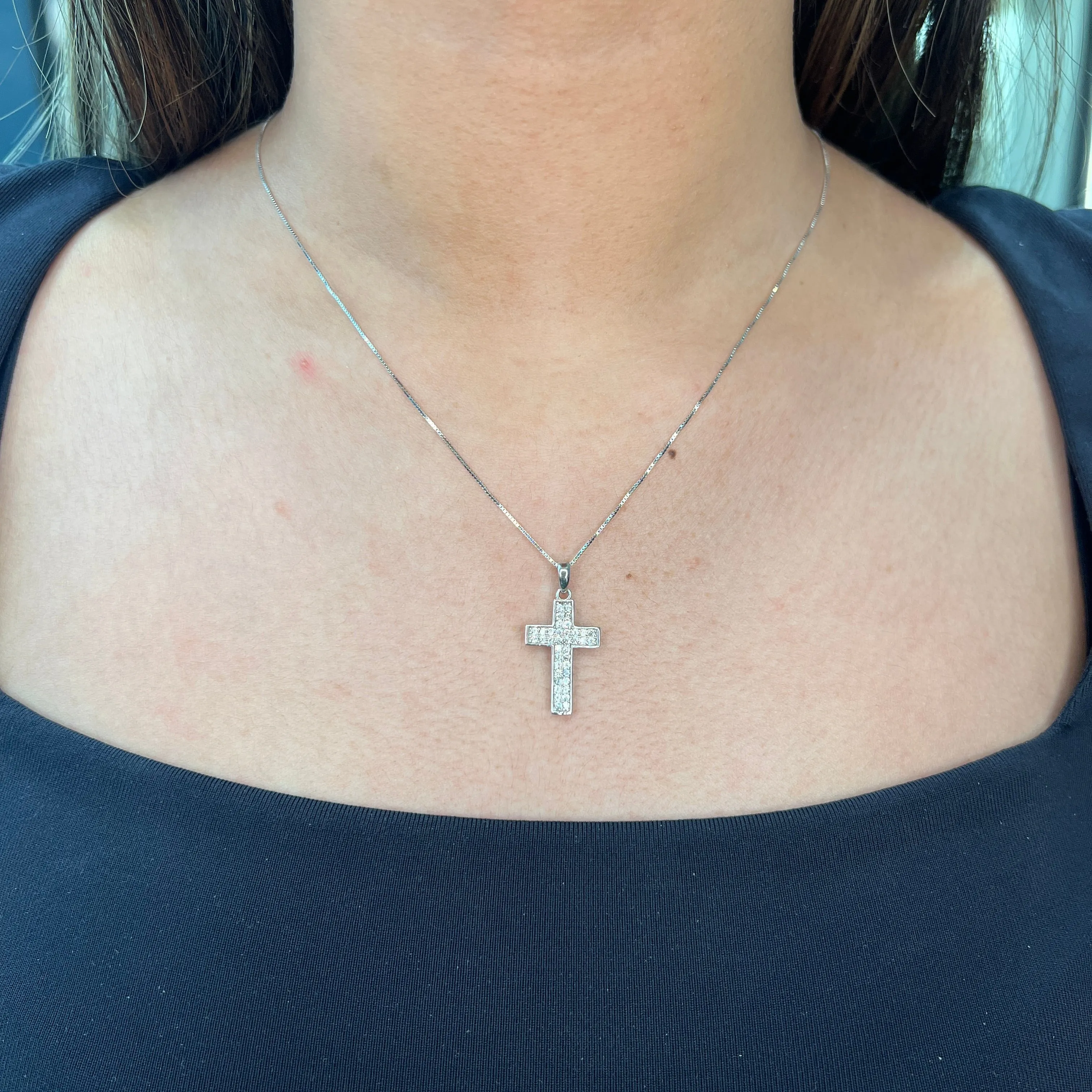 10K White Gold Cross CZ Necklace