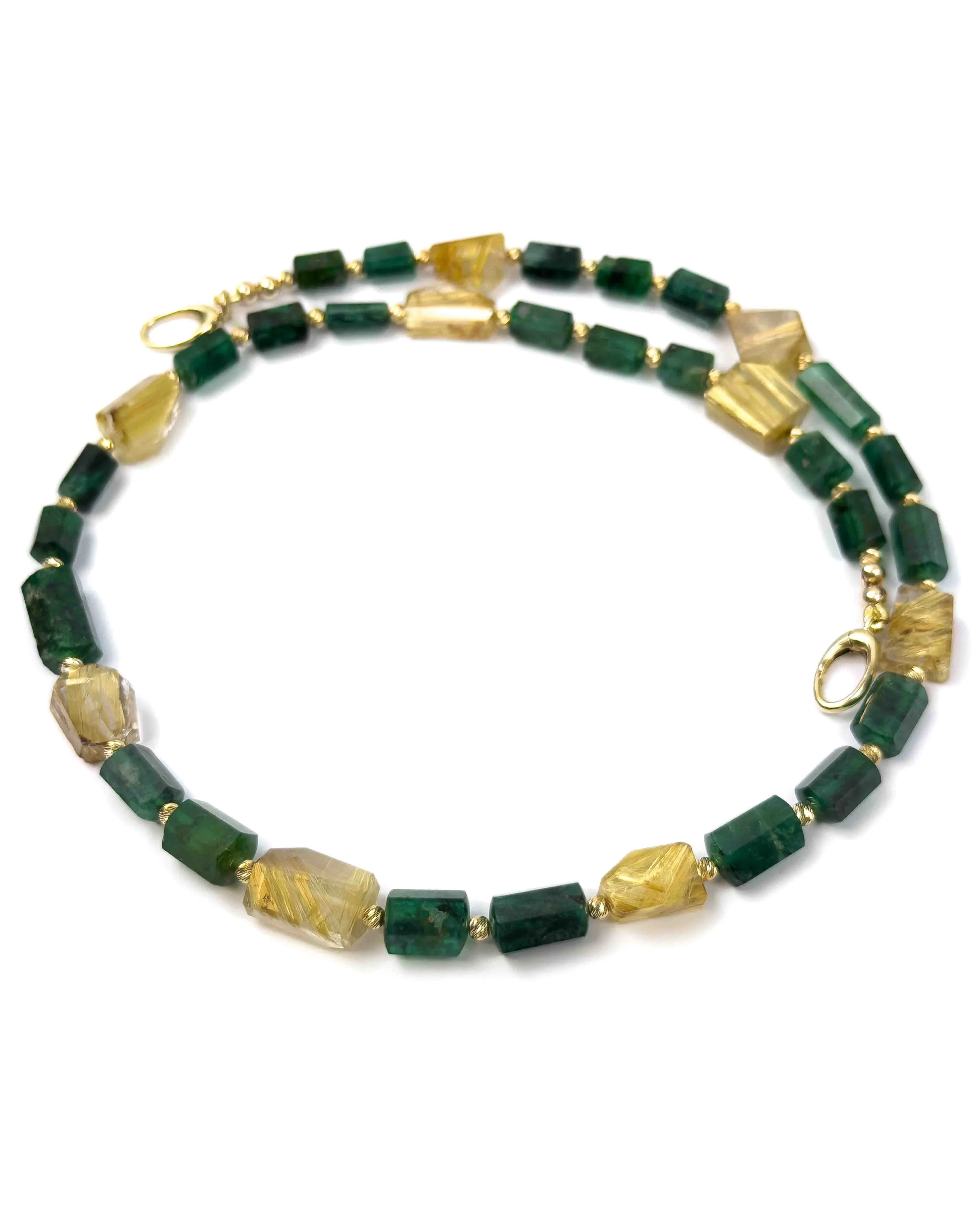 14k Natural Brazilian Emerald & Golden Rutilated Quartz Statement Necklace