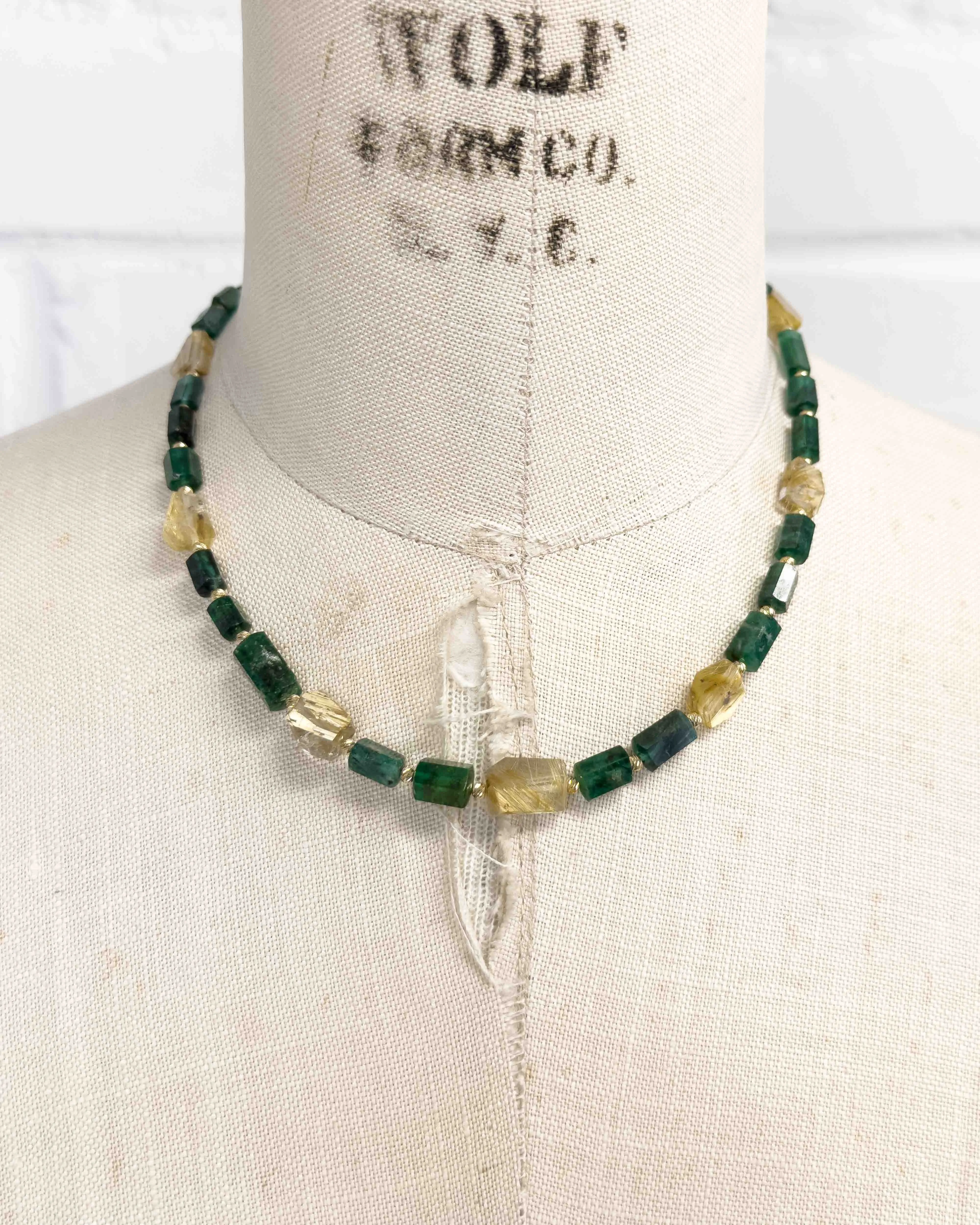 14k Natural Brazilian Emerald & Golden Rutilated Quartz Statement Necklace