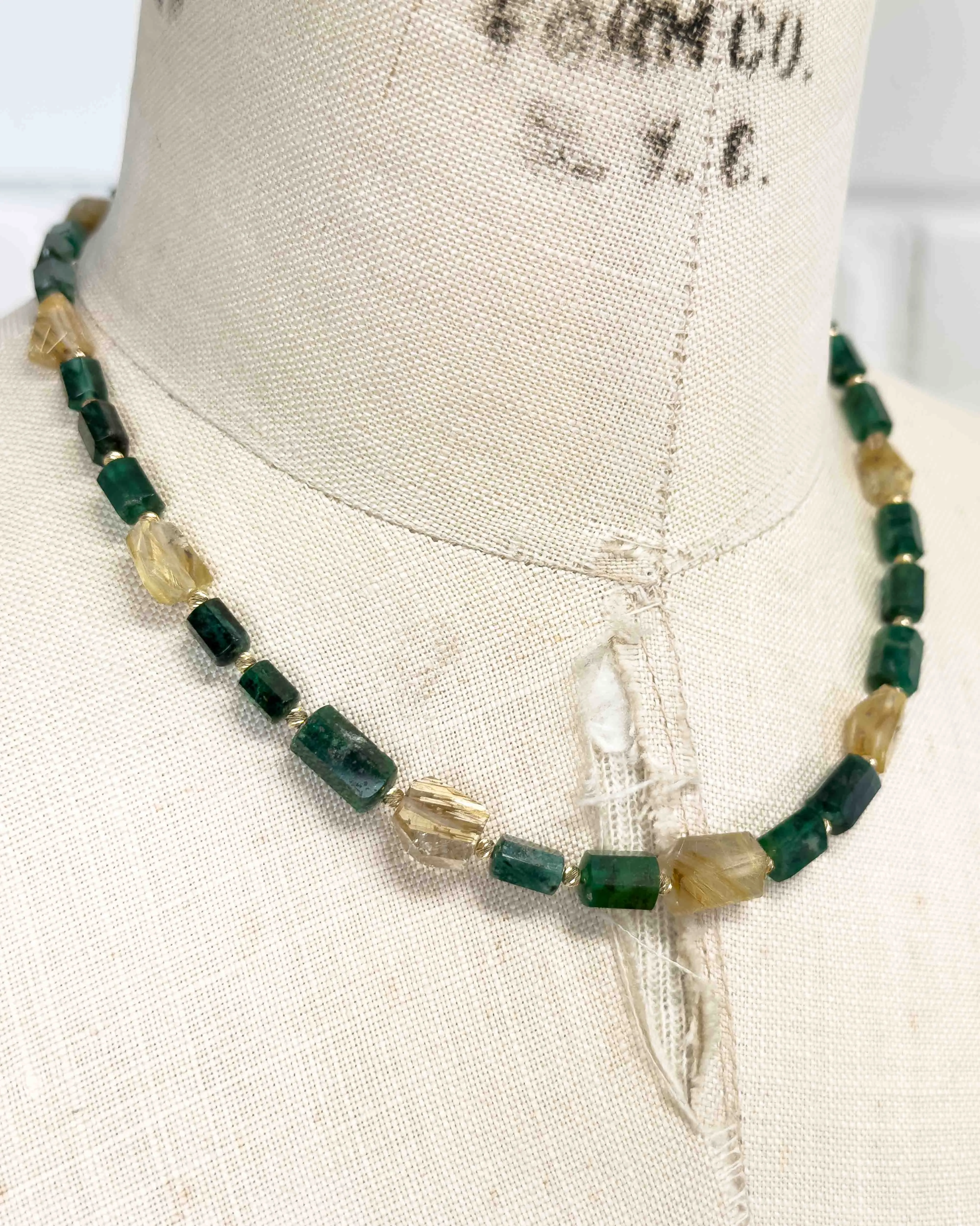 14k Natural Brazilian Emerald & Golden Rutilated Quartz Statement Necklace