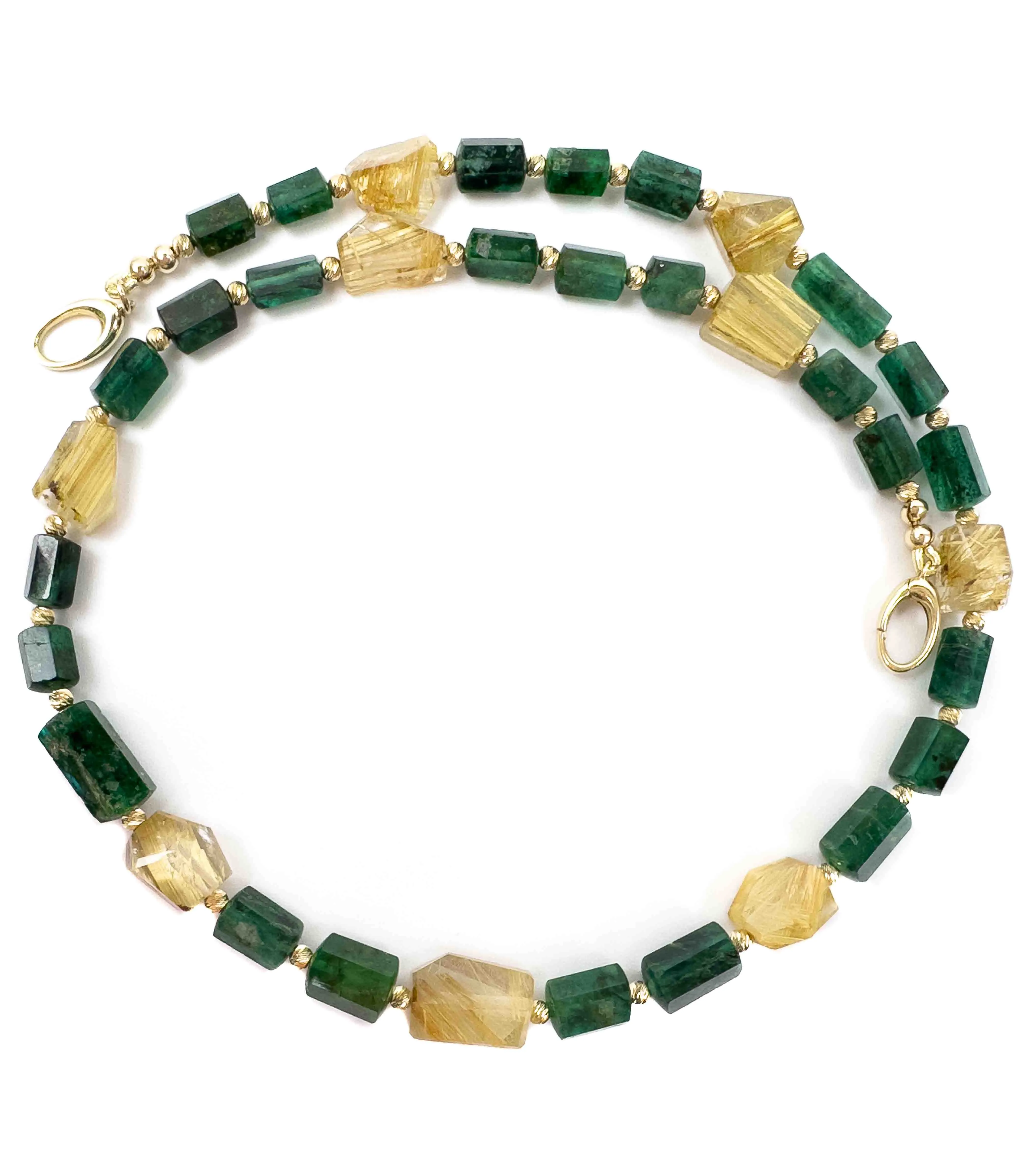 14k Natural Brazilian Emerald & Golden Rutilated Quartz Statement Necklace