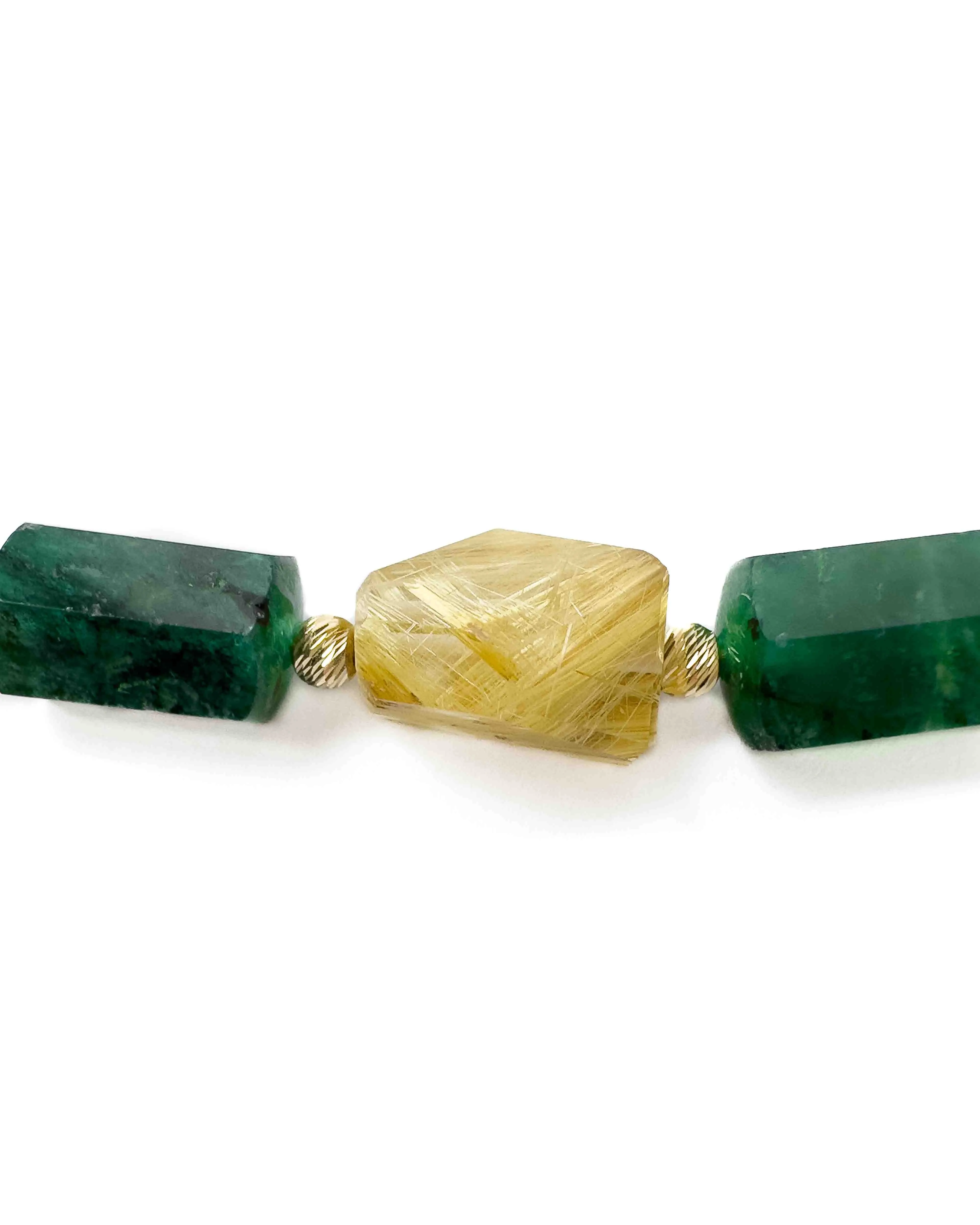 14k Natural Brazilian Emerald & Golden Rutilated Quartz Statement Necklace