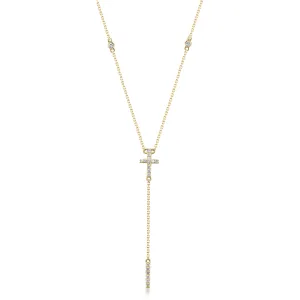 14k Yellow Gold Diamond Cross Lariat Necklace
