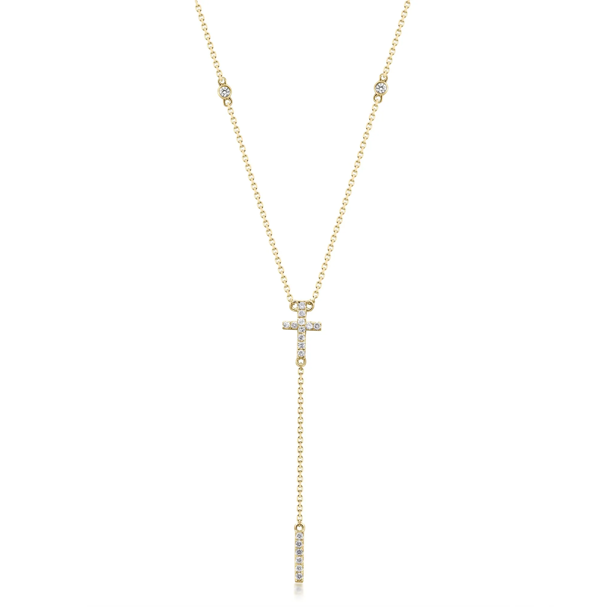 14k Yellow Gold Diamond Cross Lariat Necklace
