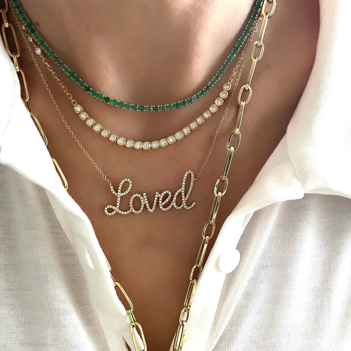14KT Gold Diamond Jumbo Script Loved Necklace