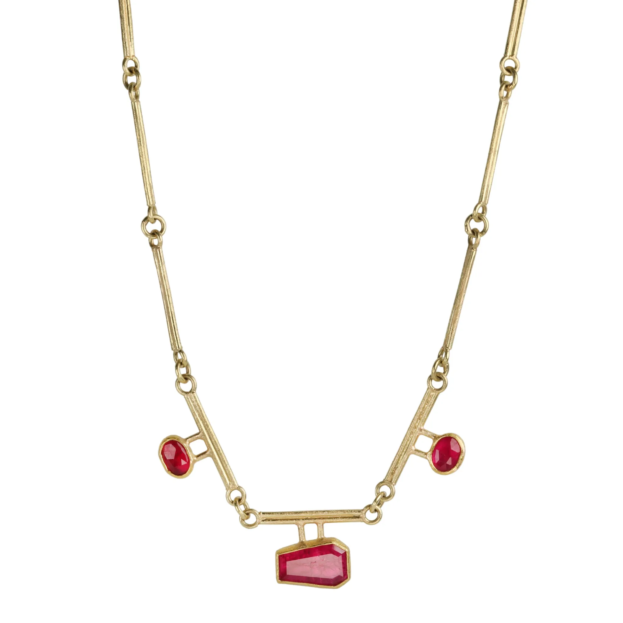 18 & 22K Gold Segmented Double Bar Necklace with Three Rubies