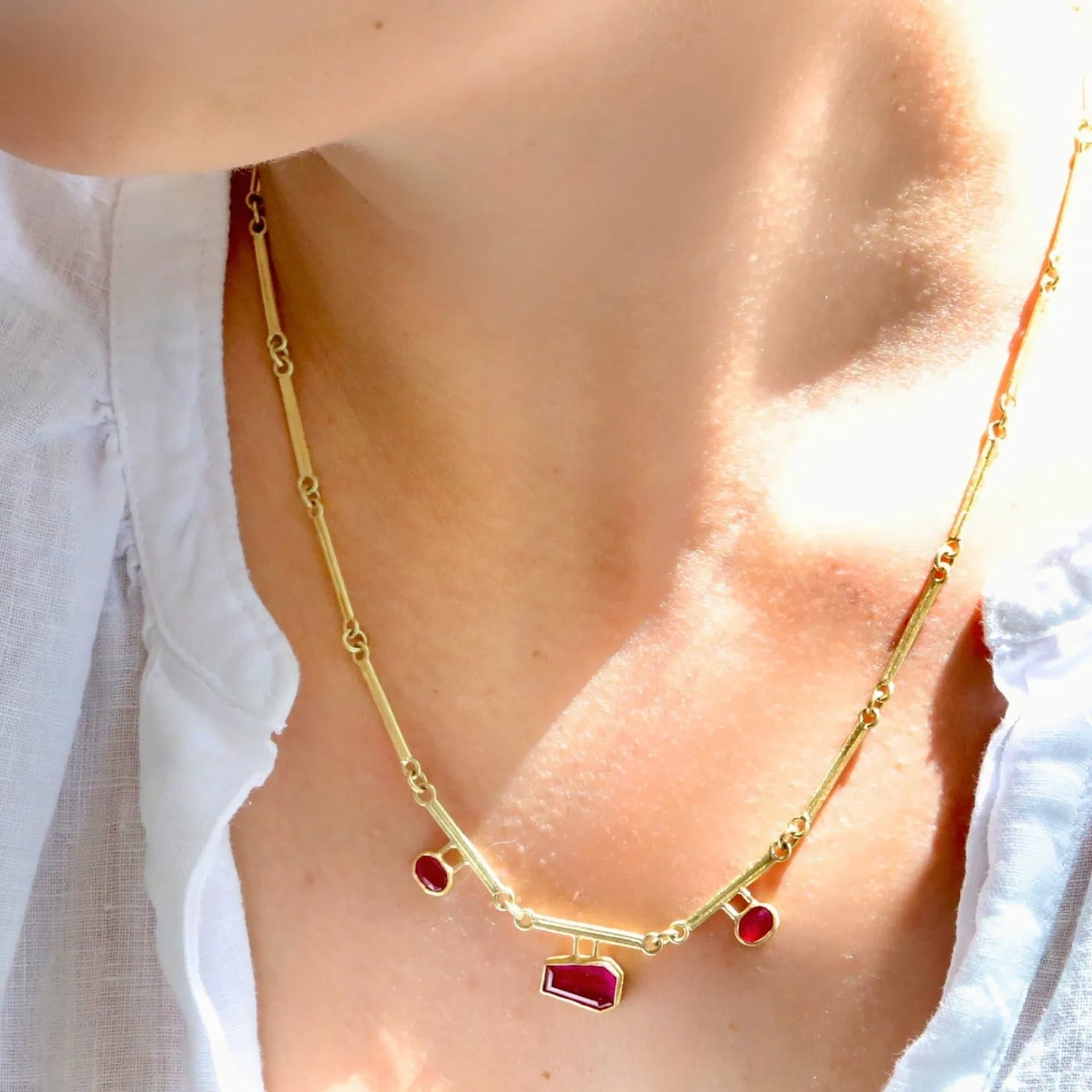 18 & 22K Gold Segmented Double Bar Necklace with Three Rubies