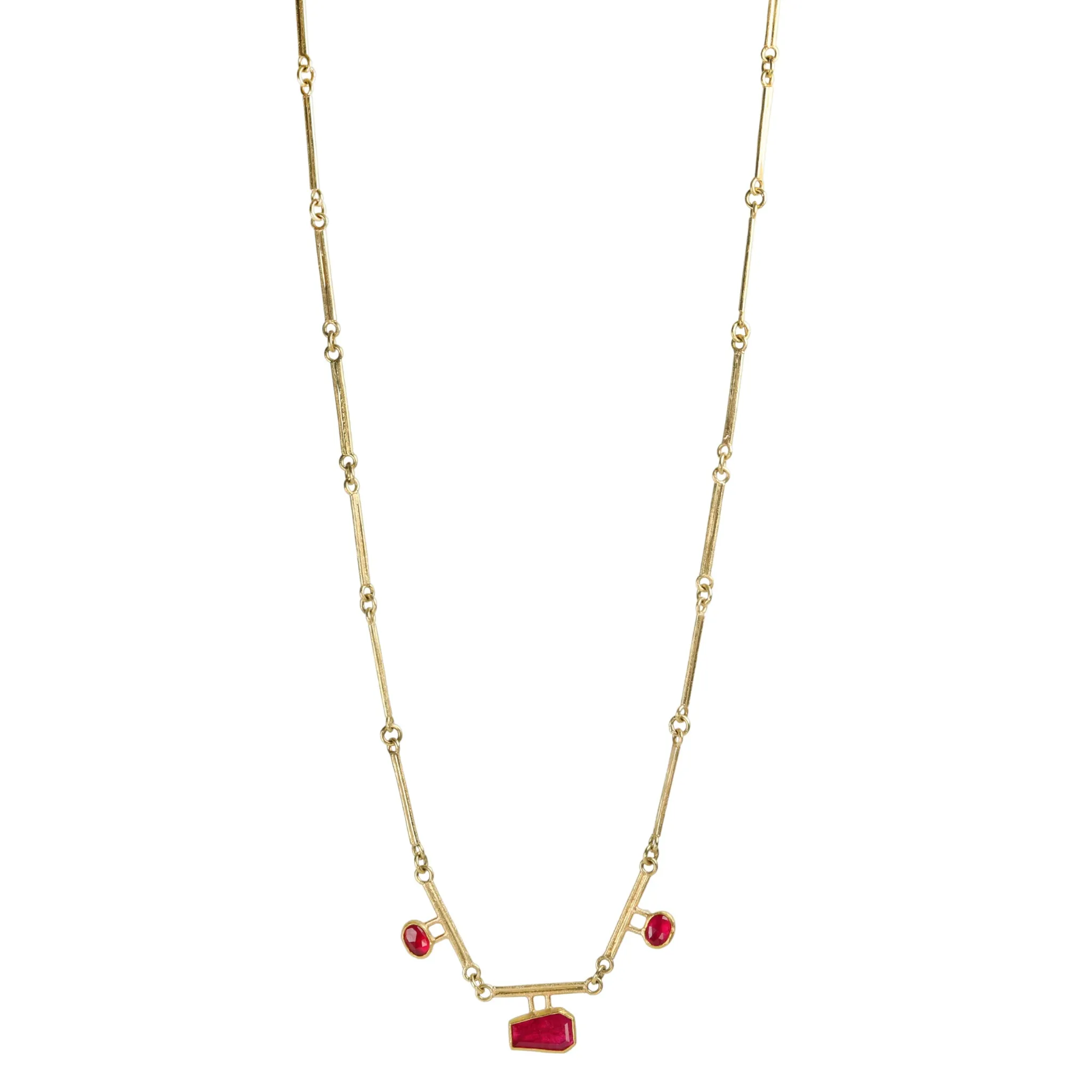 18 & 22K Gold Segmented Double Bar Necklace with Three Rubies