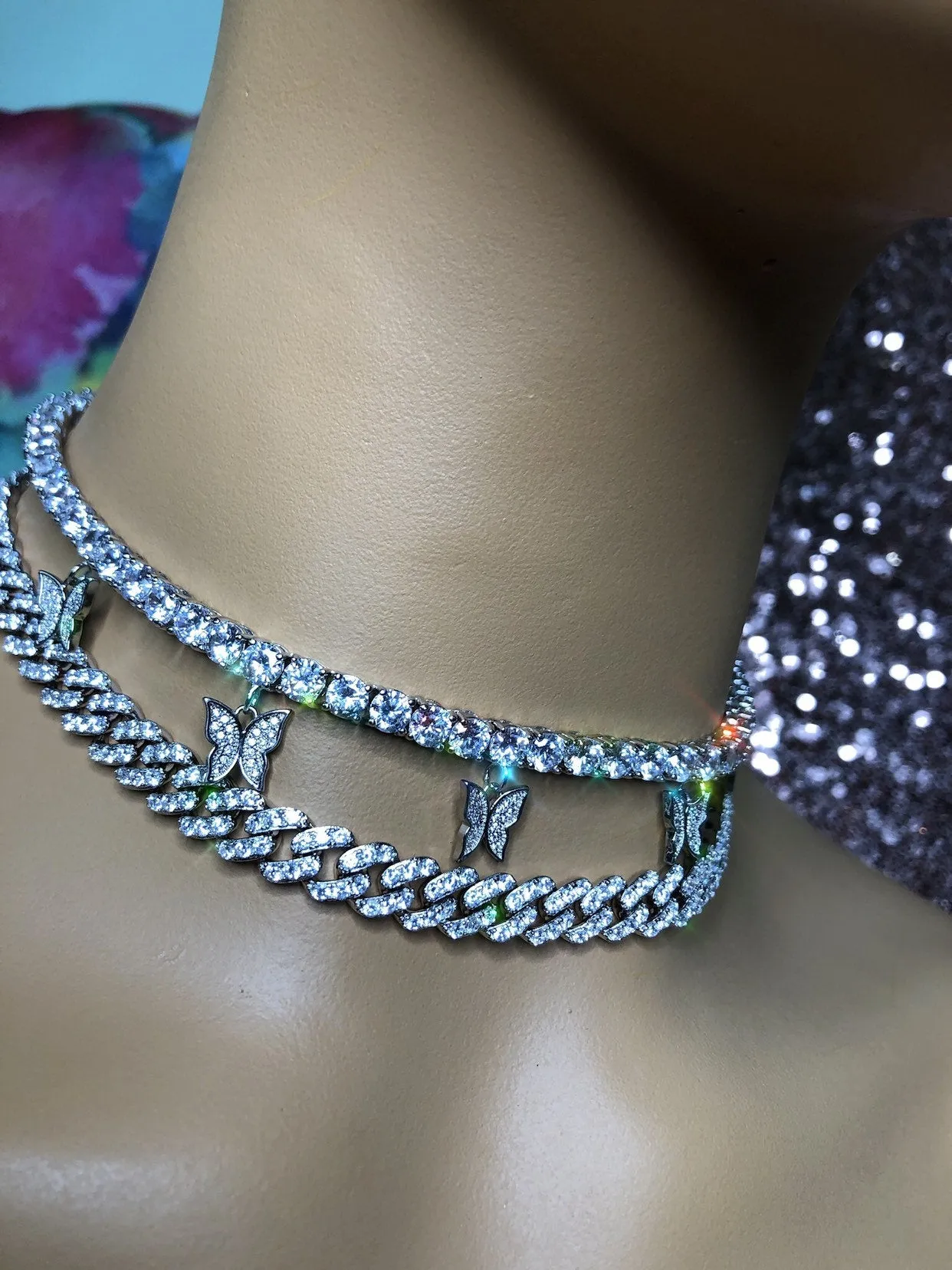 2 piece SET cuban  butterfly tennis choker , cz tennis butterfly necklace ,cuban bling iced tennis butterfly, butterfly necklace