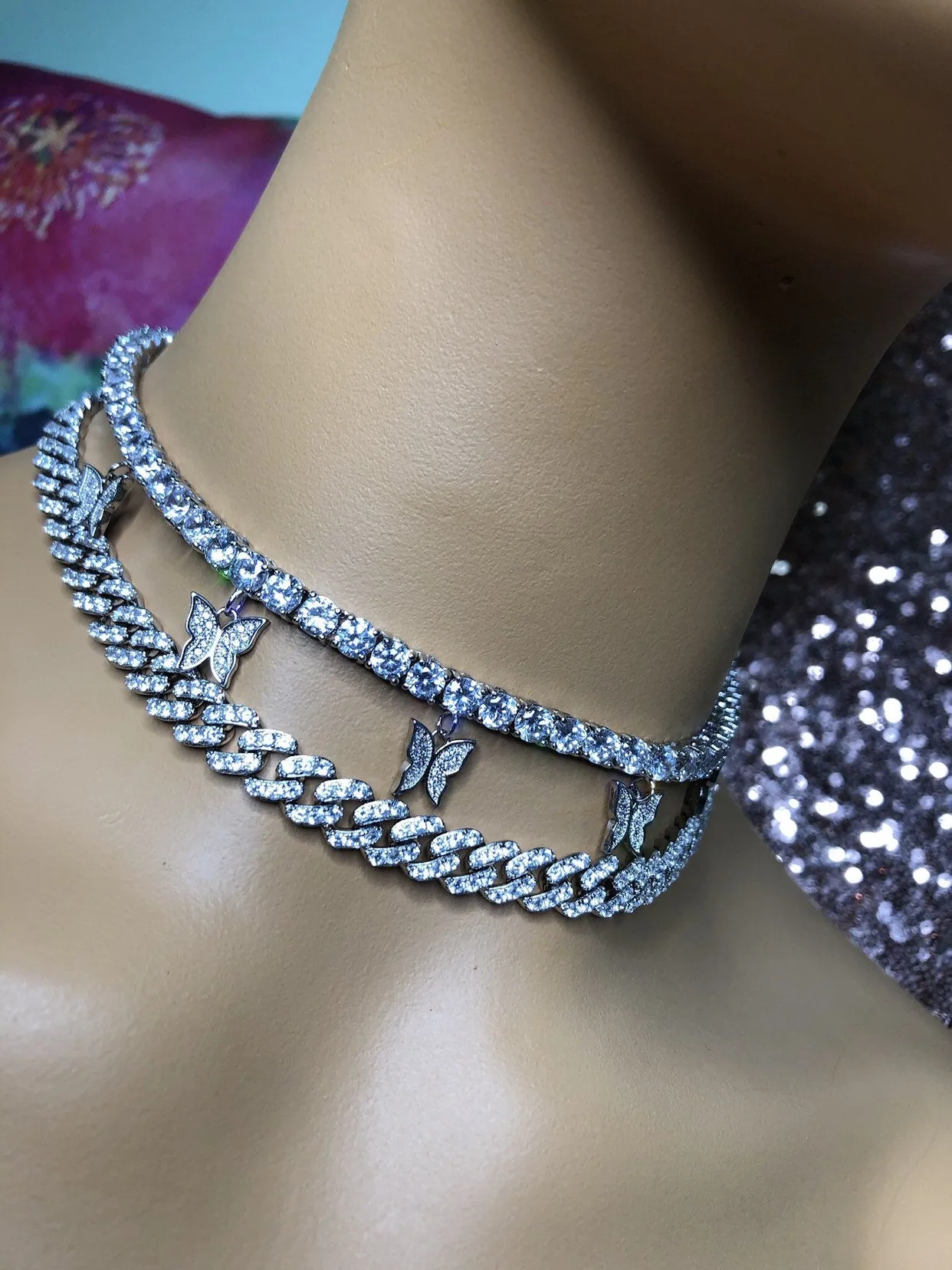 2 piece SET cuban  butterfly tennis choker , cz tennis butterfly necklace ,cuban bling iced tennis butterfly, butterfly necklace