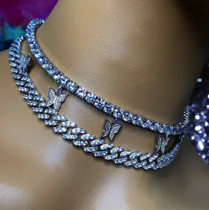 2 piece SET cuban  butterfly tennis choker , cz tennis butterfly necklace ,cuban bling iced tennis butterfly, butterfly necklace