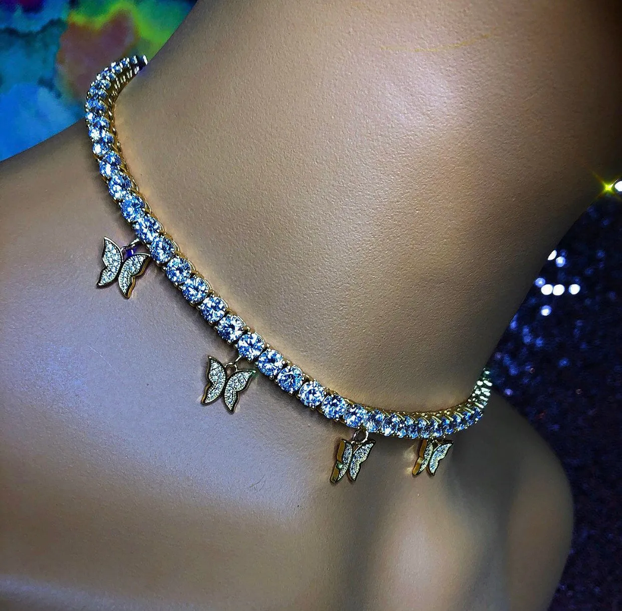 2 piece SET cuban  butterfly tennis choker , cz tennis butterfly necklace ,cuban bling iced tennis butterfly, butterfly necklace