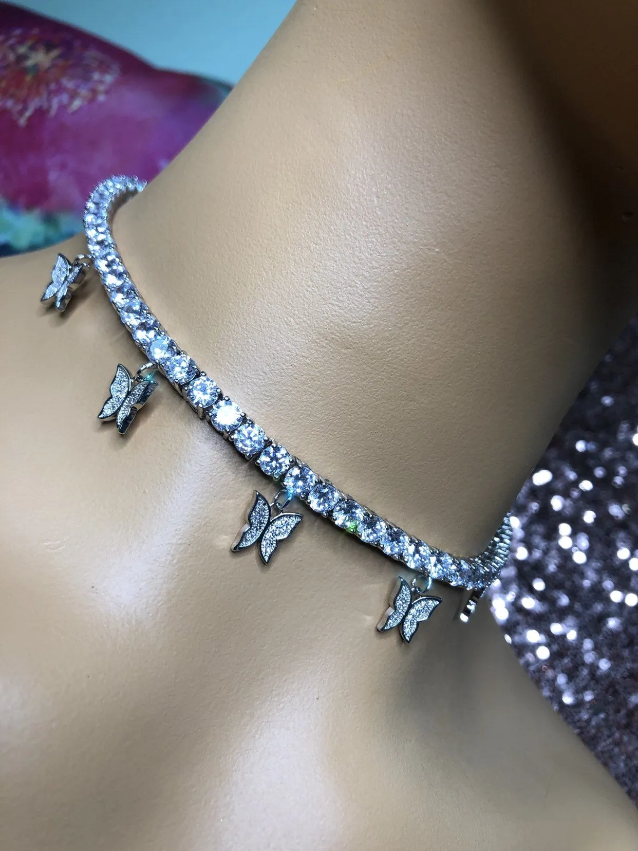 2 piece SET cuban  butterfly tennis choker , cz tennis butterfly necklace ,cuban bling iced tennis butterfly, butterfly necklace