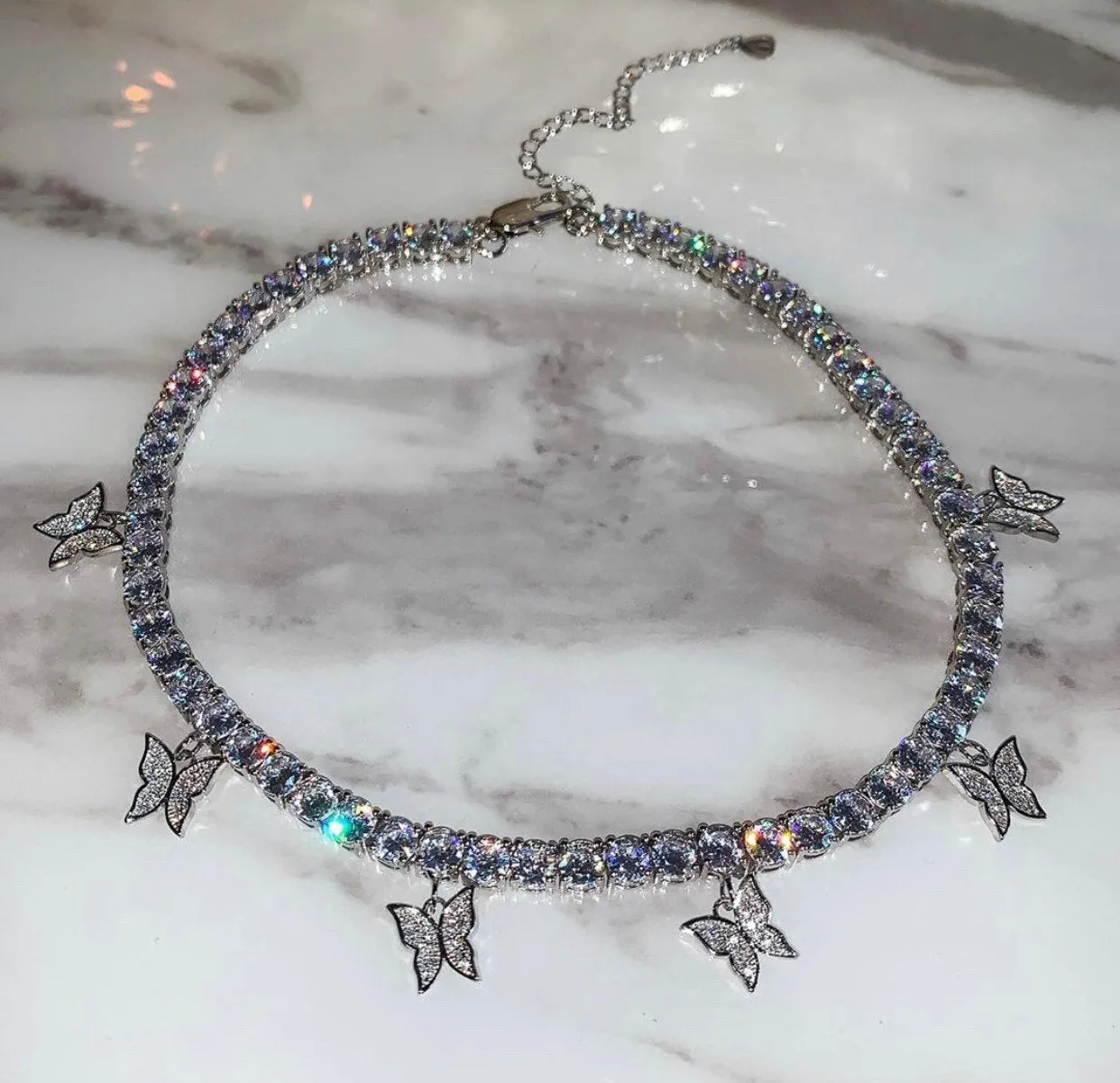 2 piece SET cuban  butterfly tennis choker , cz tennis butterfly necklace ,cuban bling iced tennis butterfly, butterfly necklace