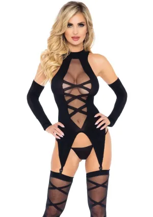 3 Pc Sheer Cami Garter, Stockings and Gloves