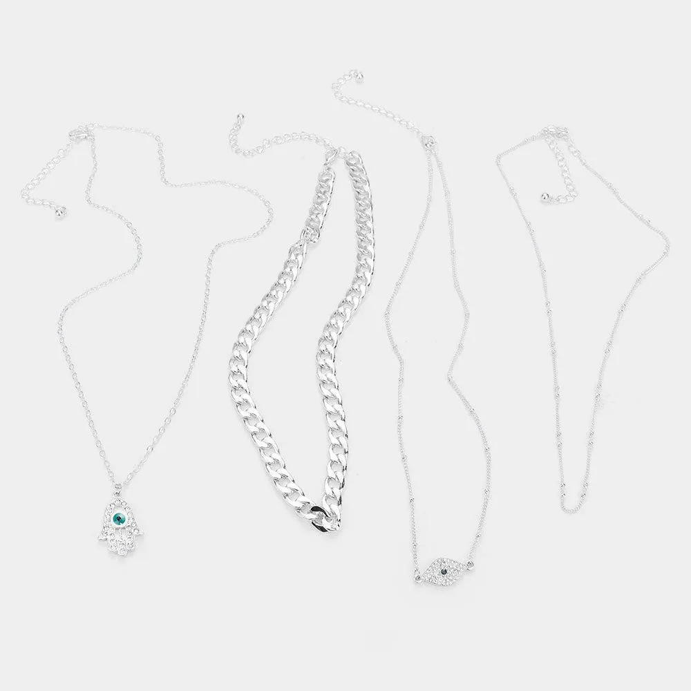 4PCS - Metal Chain Rhinestone Evil Eye Hamsa Hand Pendant Necklaces Set