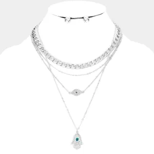 4PCS - Metal Chain Rhinestone Evil Eye Hamsa Hand Pendant Necklaces Set
