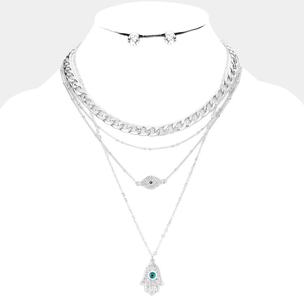 4PCS - Metal Chain Rhinestone Evil Eye Hamsa Hand Pendant Necklaces Set