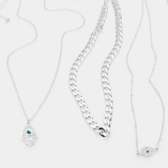 4PCS - Metal Chain Rhinestone Evil Eye Hamsa Hand Pendant Necklaces Set