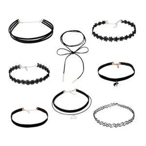 8pcs Velvet Neck Choker Necklace Black Yin and Yang Triangle Frills Vintage Charm Bohemian