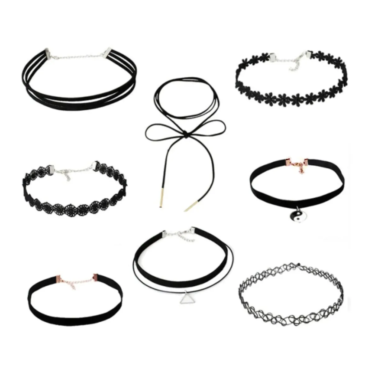 8pcs Velvet Neck Choker Necklace Black Yin and Yang Triangle Frills Vintage Charm Bohemian
