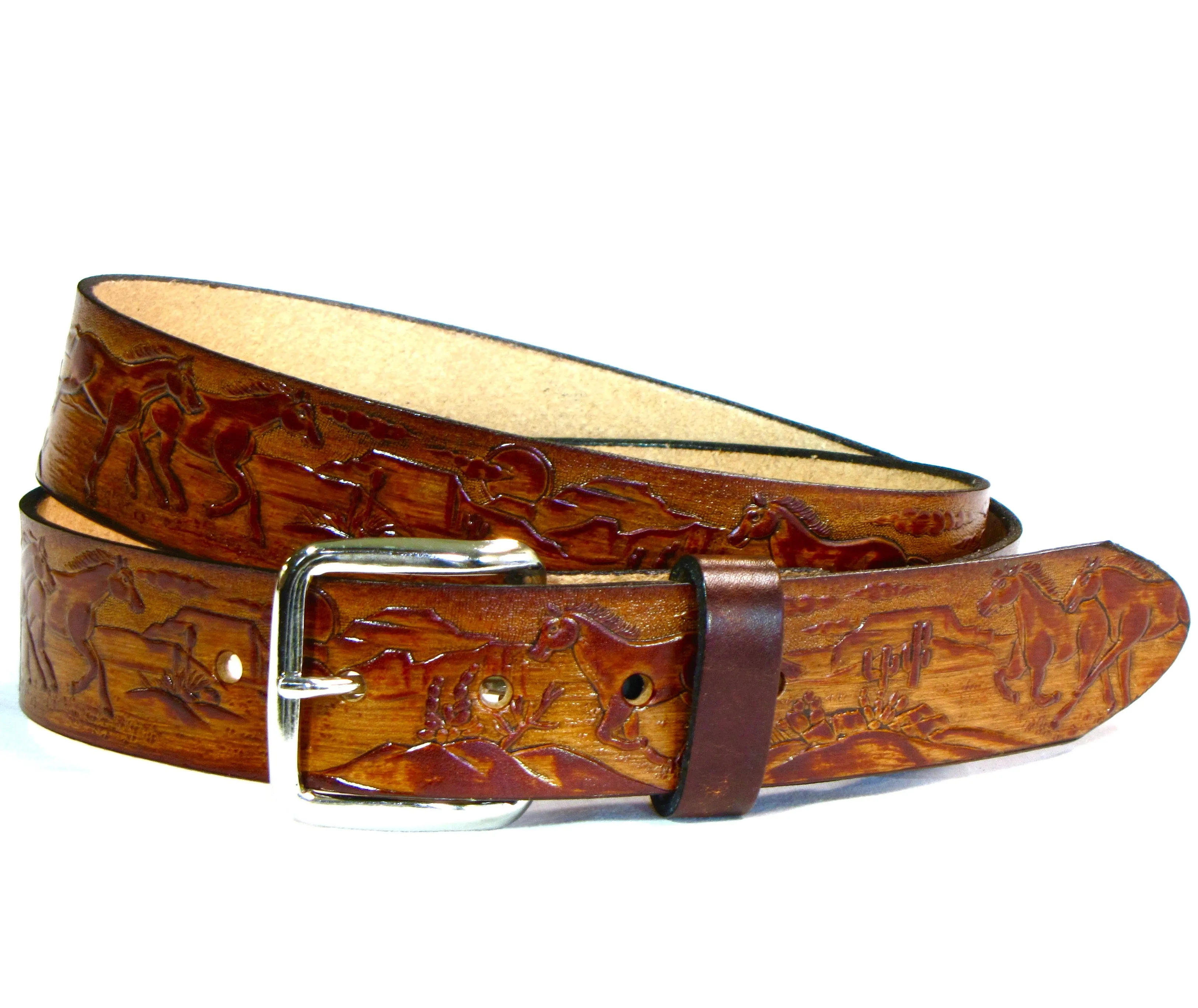 A122  1 1/2" Antique Finish Belt- Running Horses