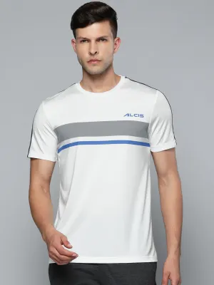 Alcis Men White & Grey Striped Slim Fit T-shirt