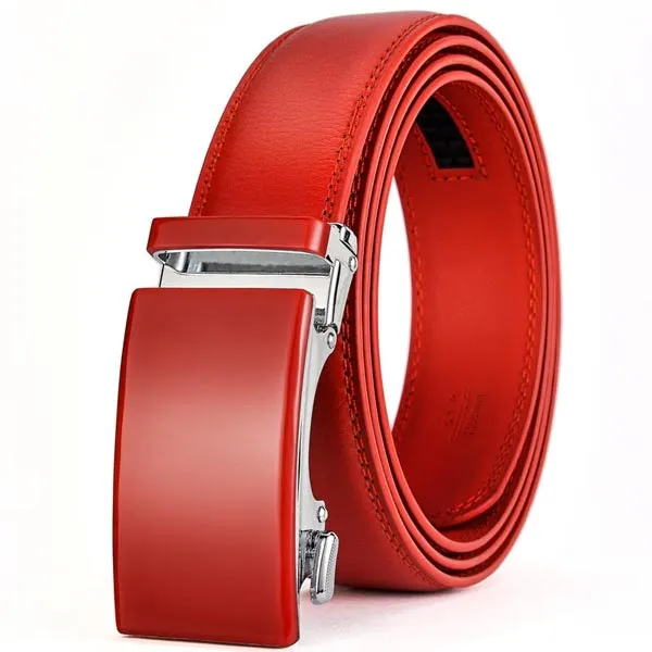 ARTHUR - Genuine Leather Ratchet Belt for Men - Automatic Buckle, No holes - Red, 35 mm