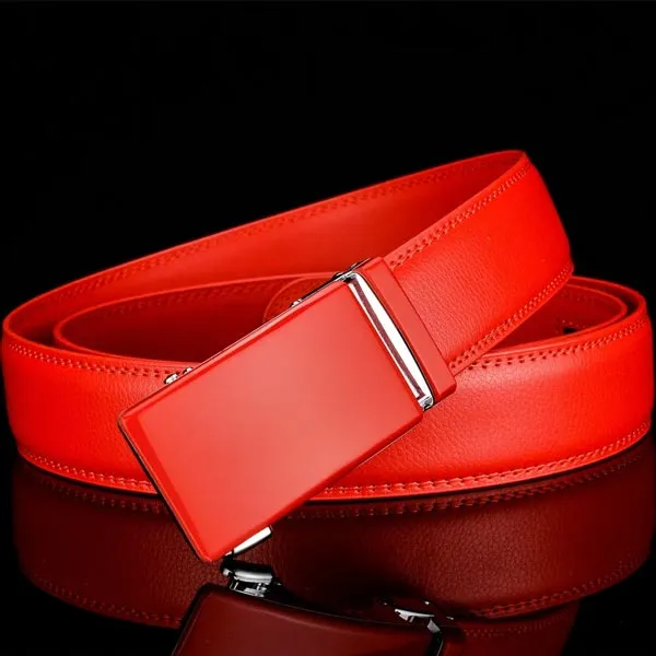 ARTHUR - Genuine Leather Ratchet Belt for Men - Automatic Buckle, No holes - Red, 35 mm