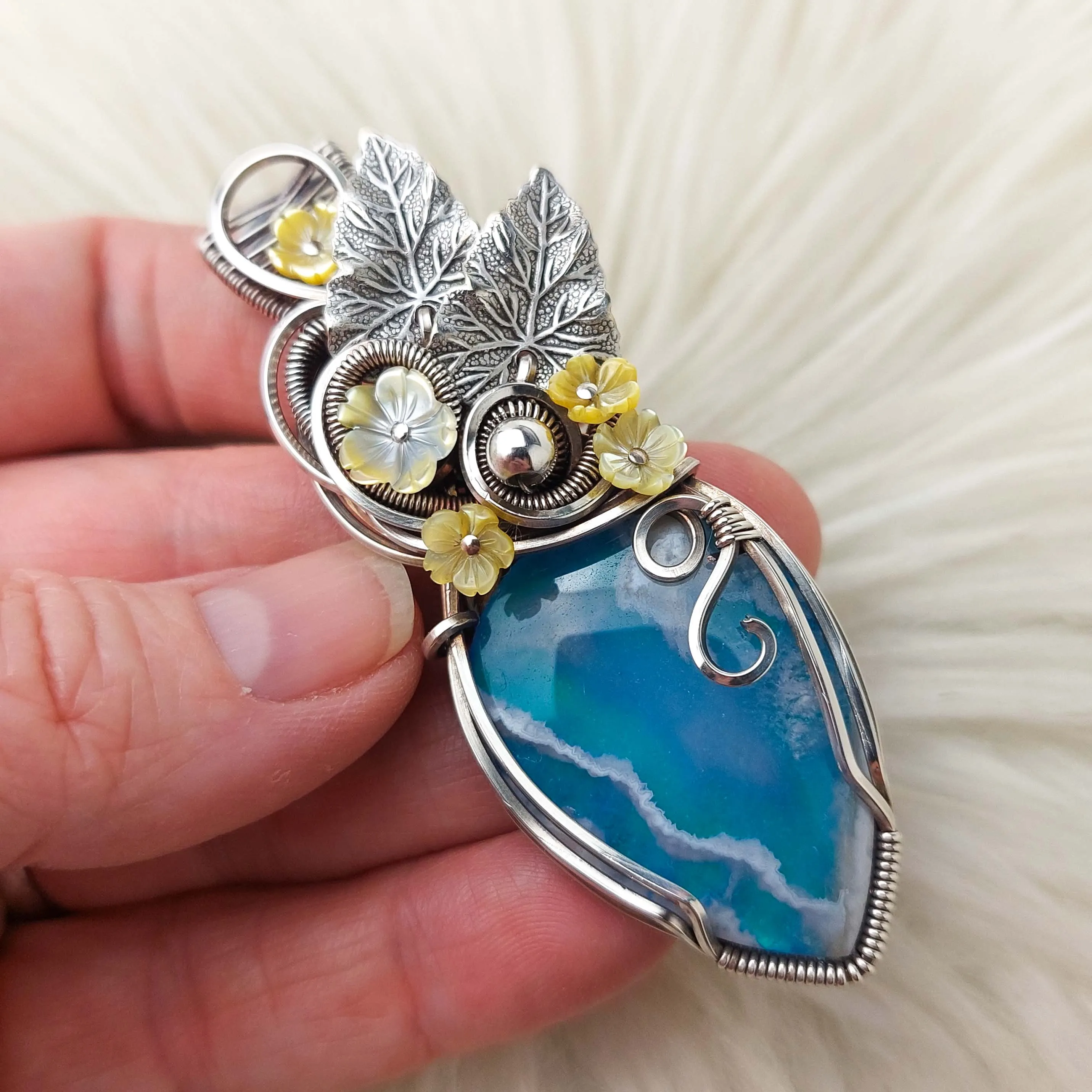 Aurora Opal And Plume Agate Doublet In Sterling Silver Statement Pendant