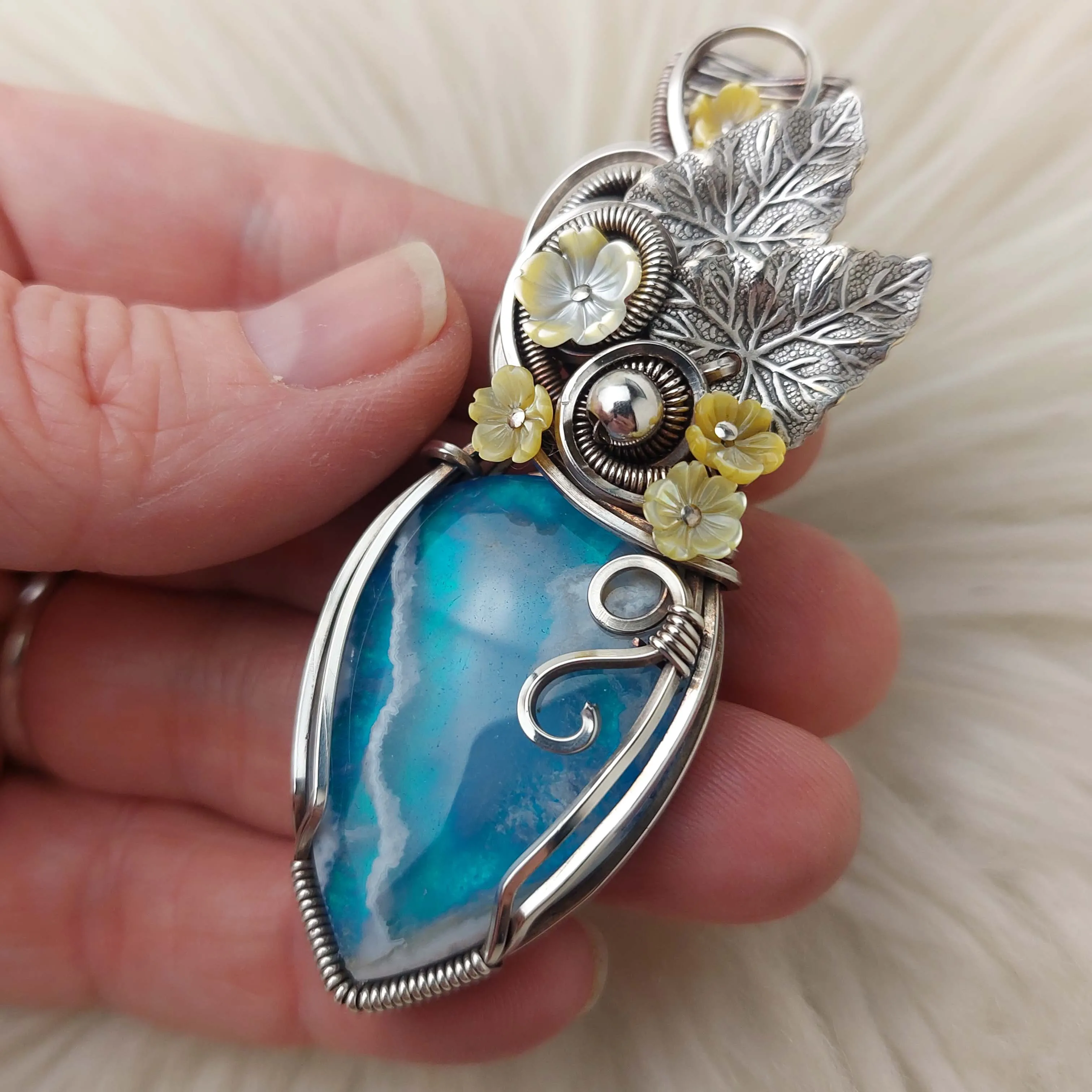 Aurora Opal And Plume Agate Doublet In Sterling Silver Statement Pendant