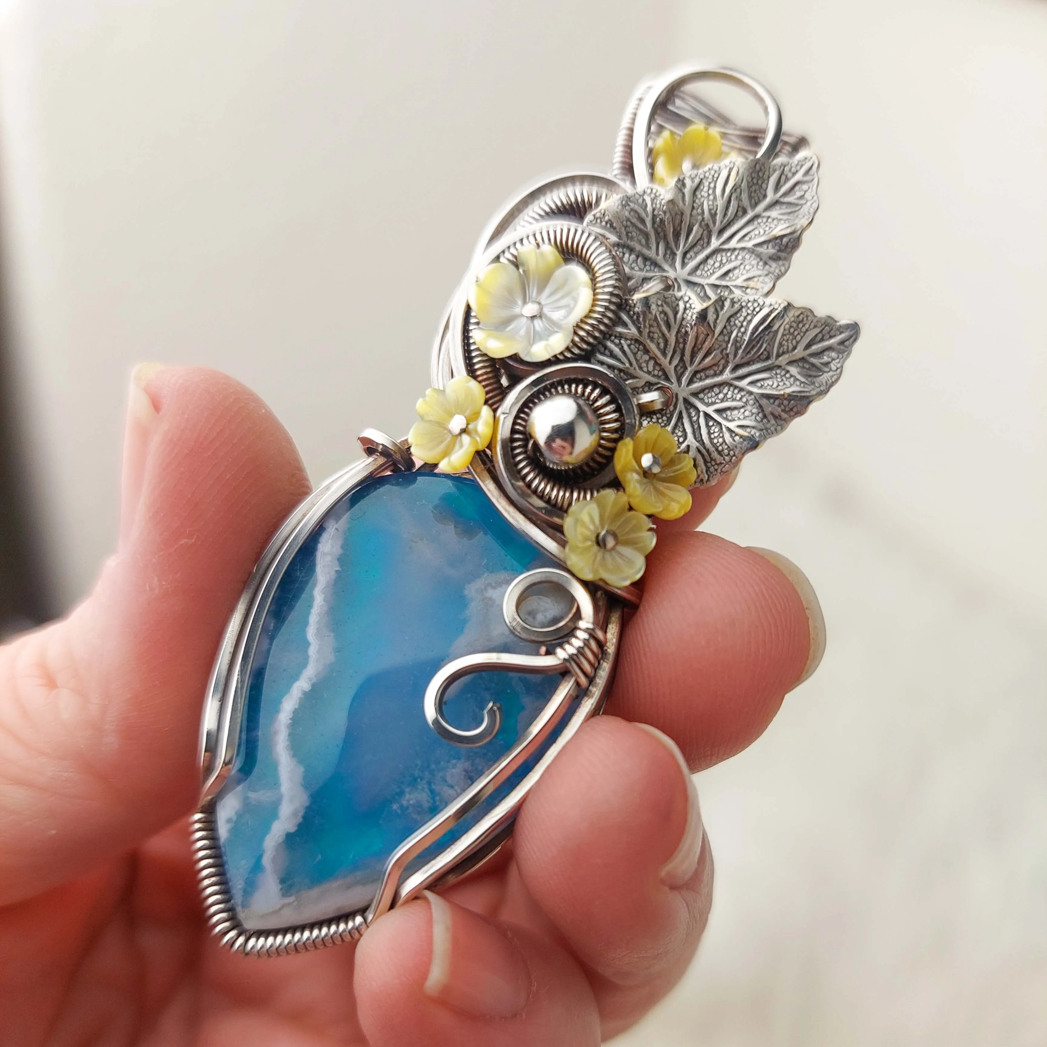 Aurora Opal And Plume Agate Doublet In Sterling Silver Statement Pendant