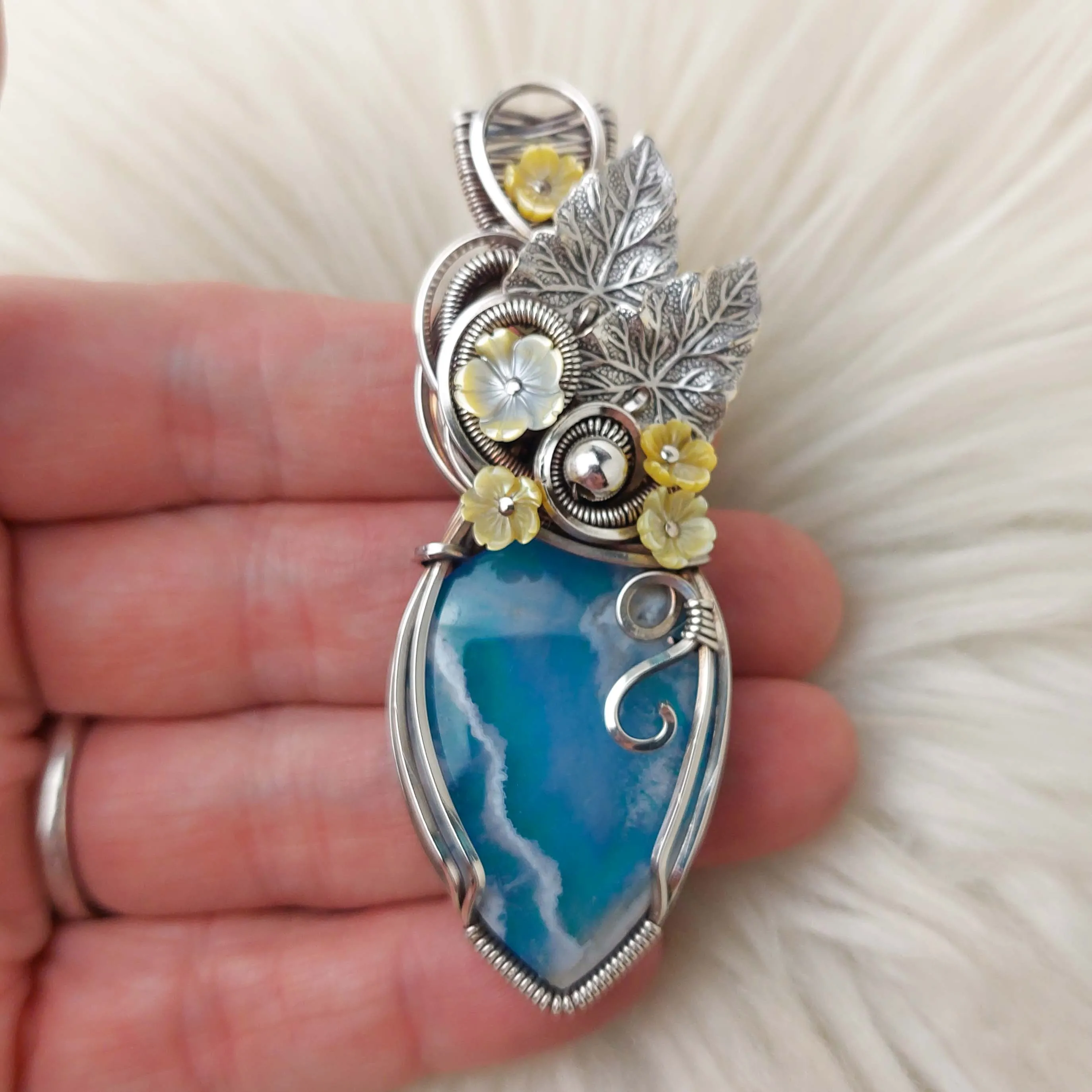 Aurora Opal And Plume Agate Doublet In Sterling Silver Statement Pendant