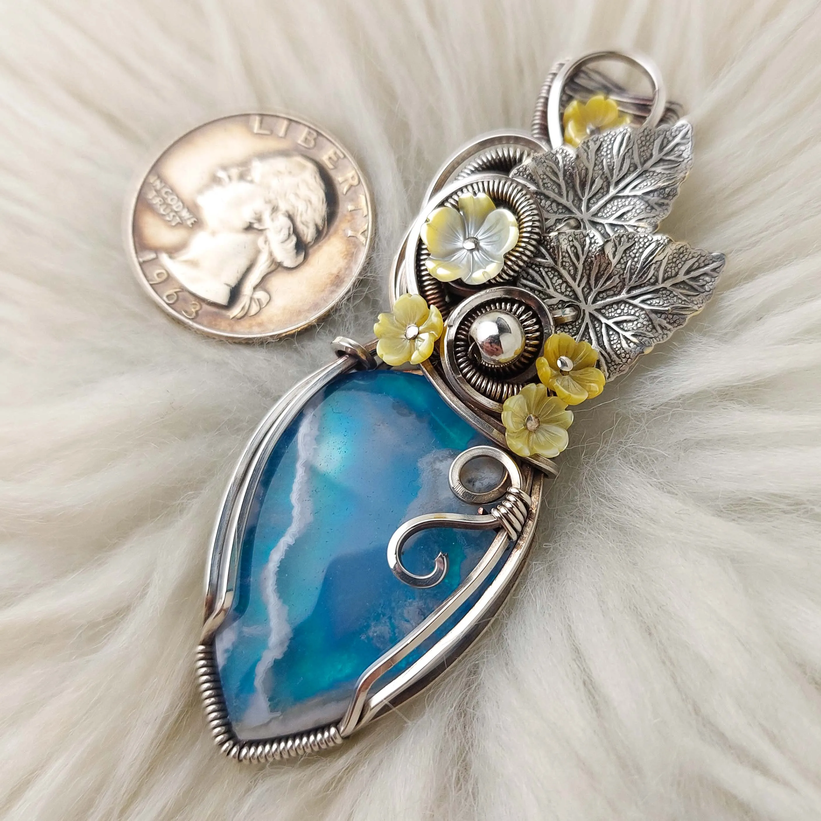 Aurora Opal And Plume Agate Doublet In Sterling Silver Statement Pendant