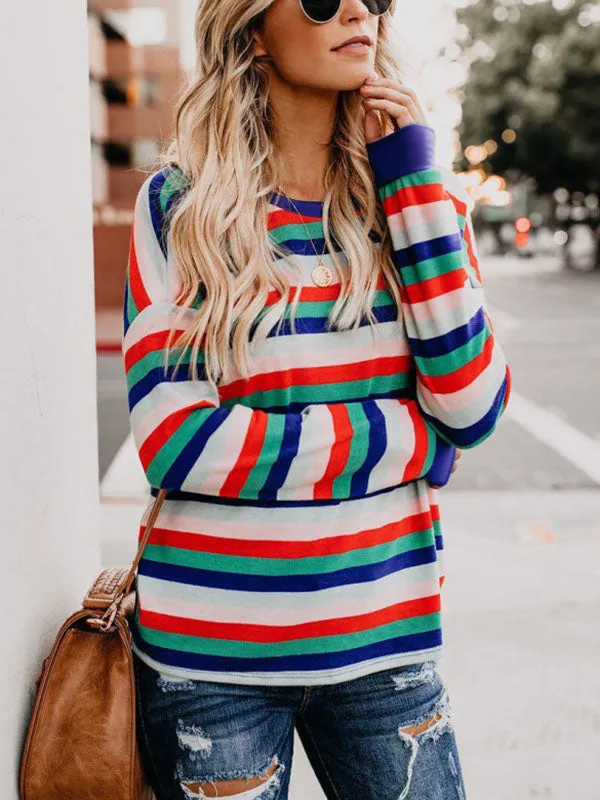 Autumn and Winter Loaded Rainbow Striped Long-sleeved Wild T-shirt Female