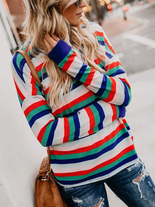 Autumn and Winter Loaded Rainbow Striped Long-sleeved Wild T-shirt Female