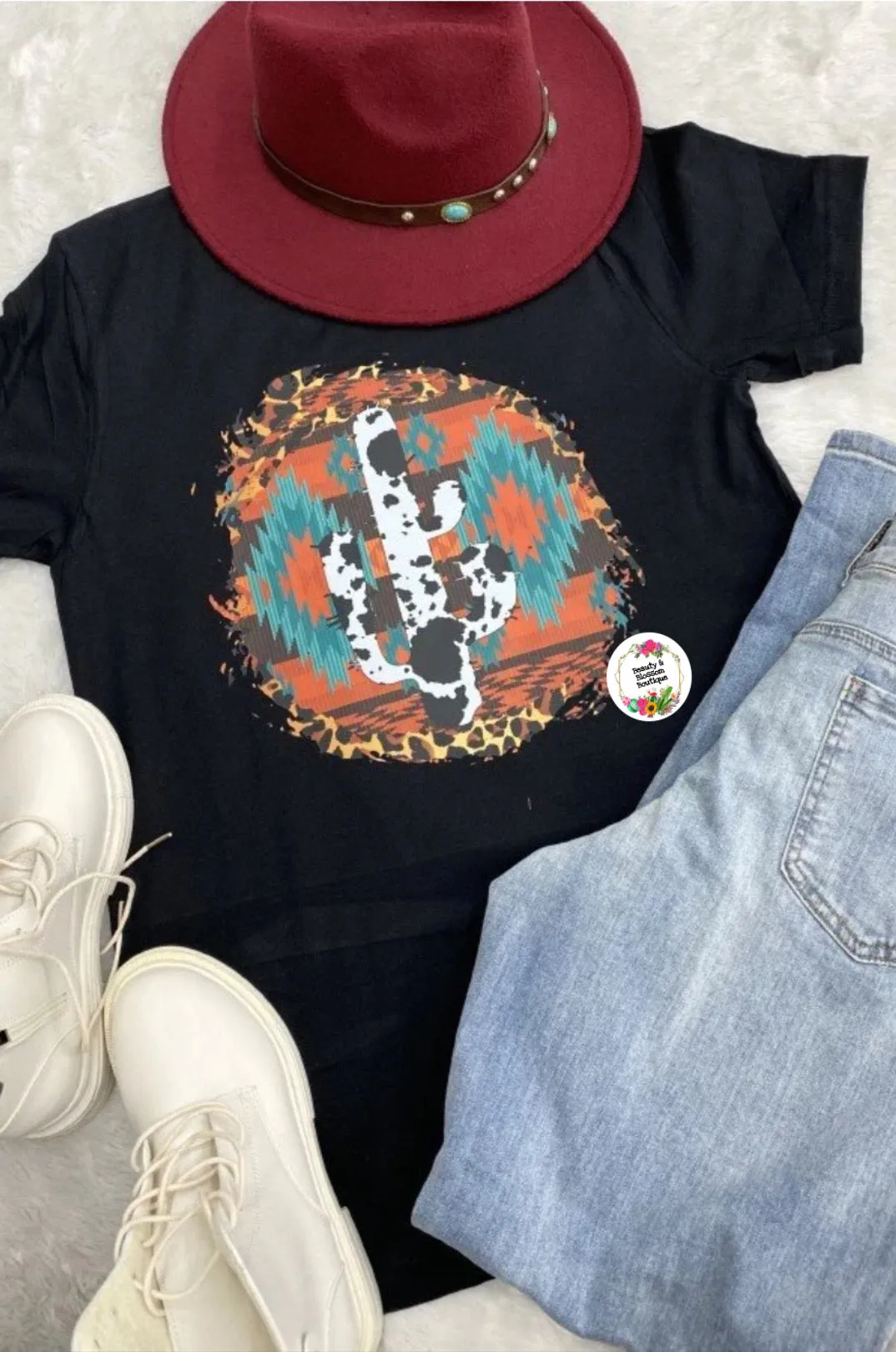AZTEC CACTUS COWHIDE TEE- 42