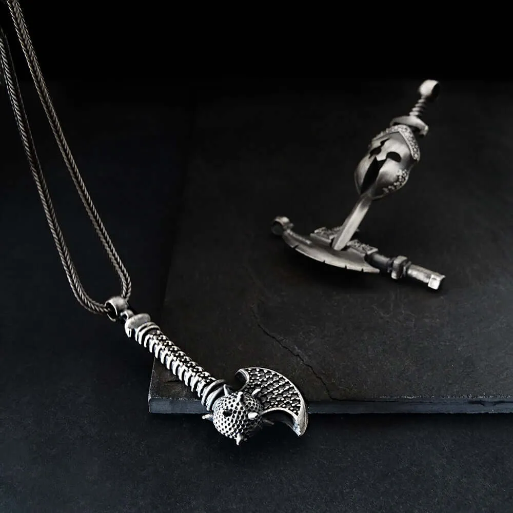 Battle Axe Men's Chain Necklace Sterling Silver Medieval Pendant
