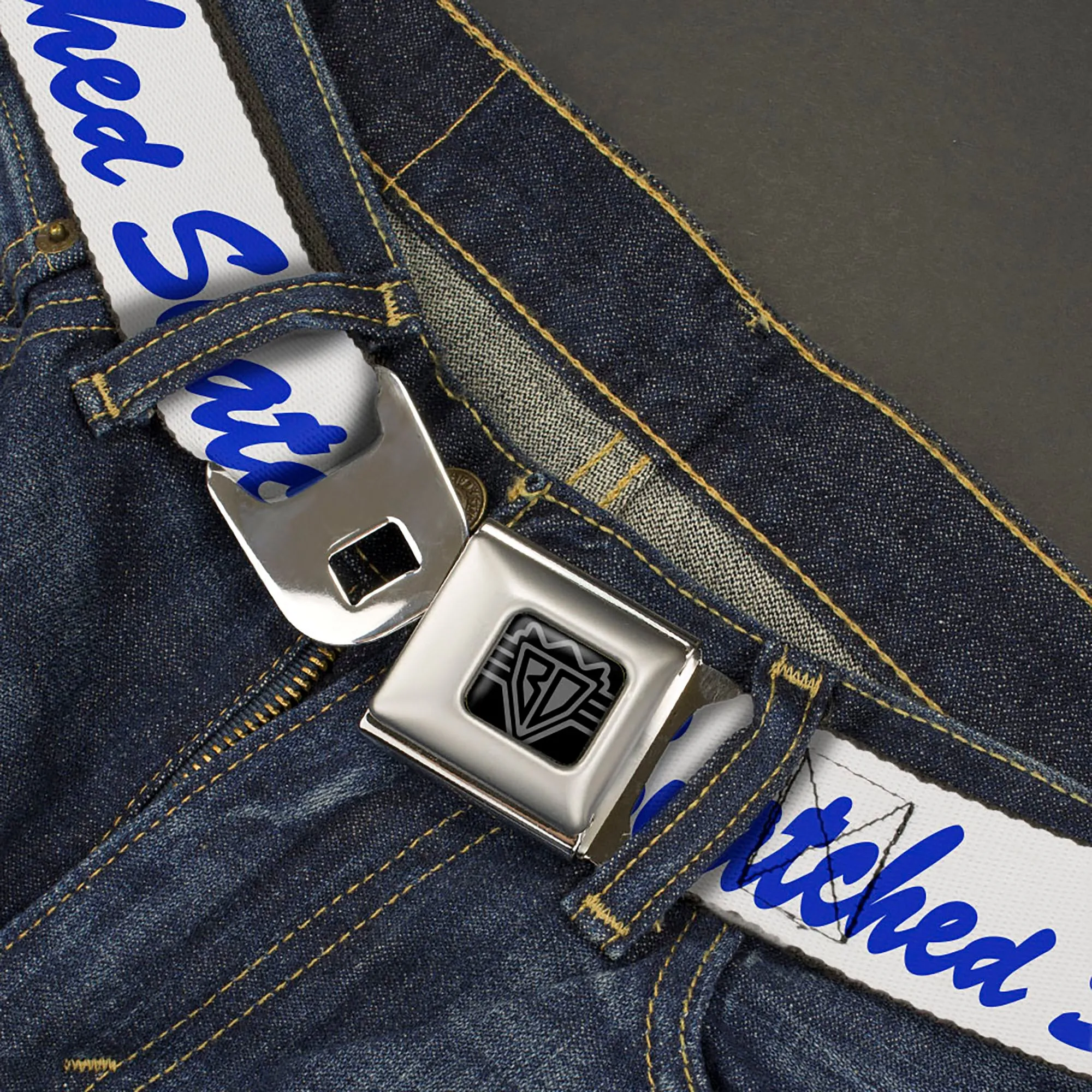 BD Wings Logo CLOSE-UP Black/Silver Seatbelt Belt - SNATCHED Script  White/Blue Webbing