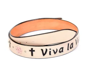 Beige Handmade Leather Belt "Viva la Vida" Inlaid Design sz 36"