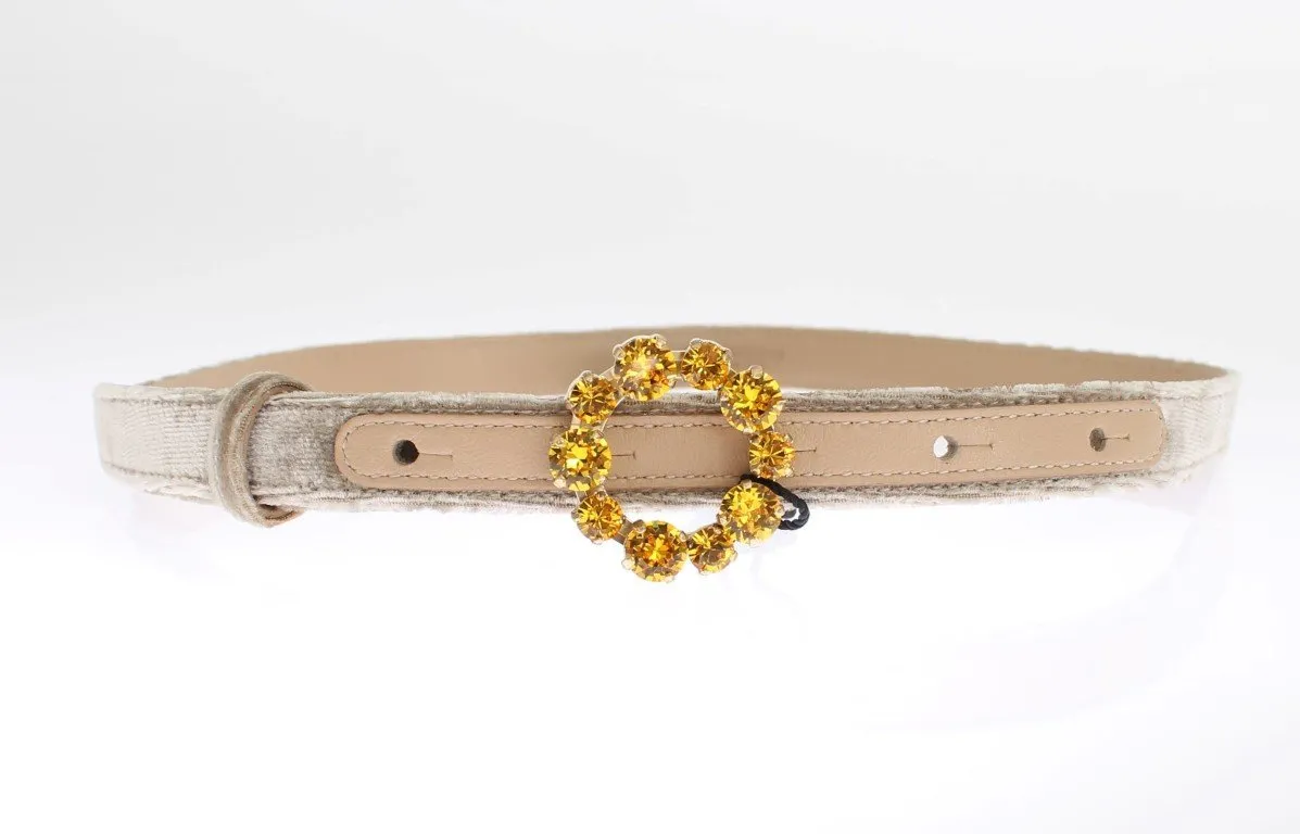 Beige Suede Leather Crystal Buckle Belt