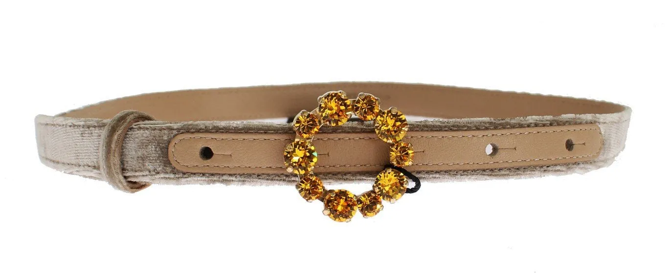 Beige Suede Leather Crystal Buckle Belt