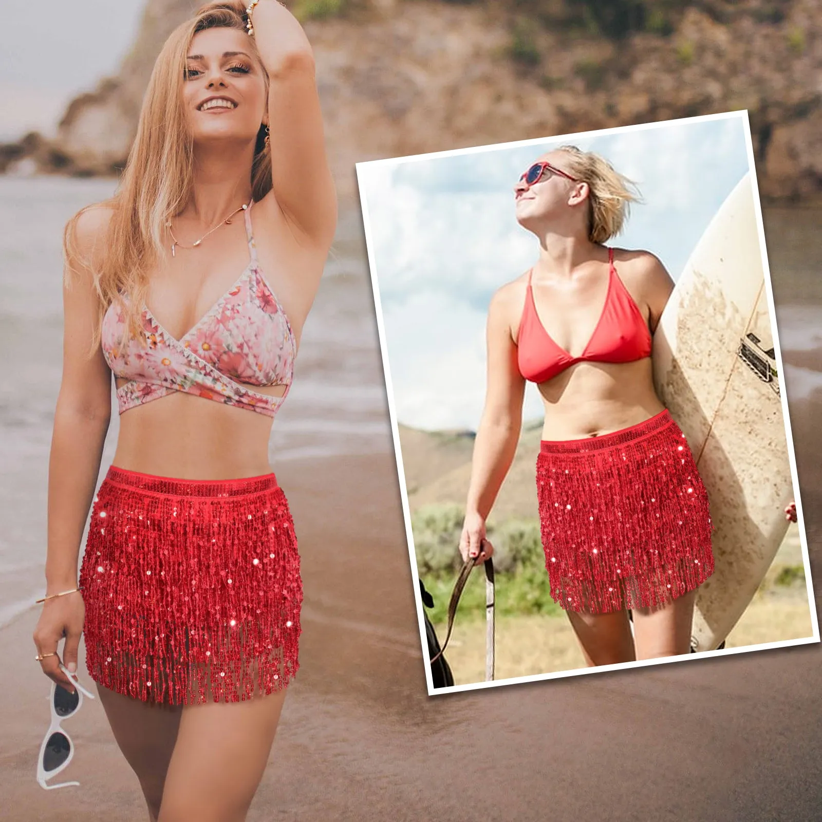 Belly Dance Hip Sequin Tassel Skirt Beach Music Festival Rave Party Scarf Belt Skirt Halloween for Women