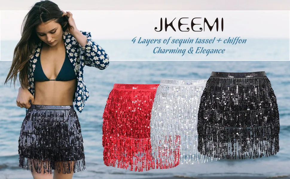 Belly Dance Hip Sequin Tassel Skirt Beach Music Festival Rave Party Scarf Belt Skirt Halloween for Women