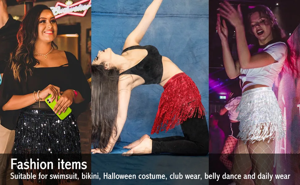 Belly Dance Hip Sequin Tassel Skirt Beach Music Festival Rave Party Scarf Belt Skirt Halloween for Women
