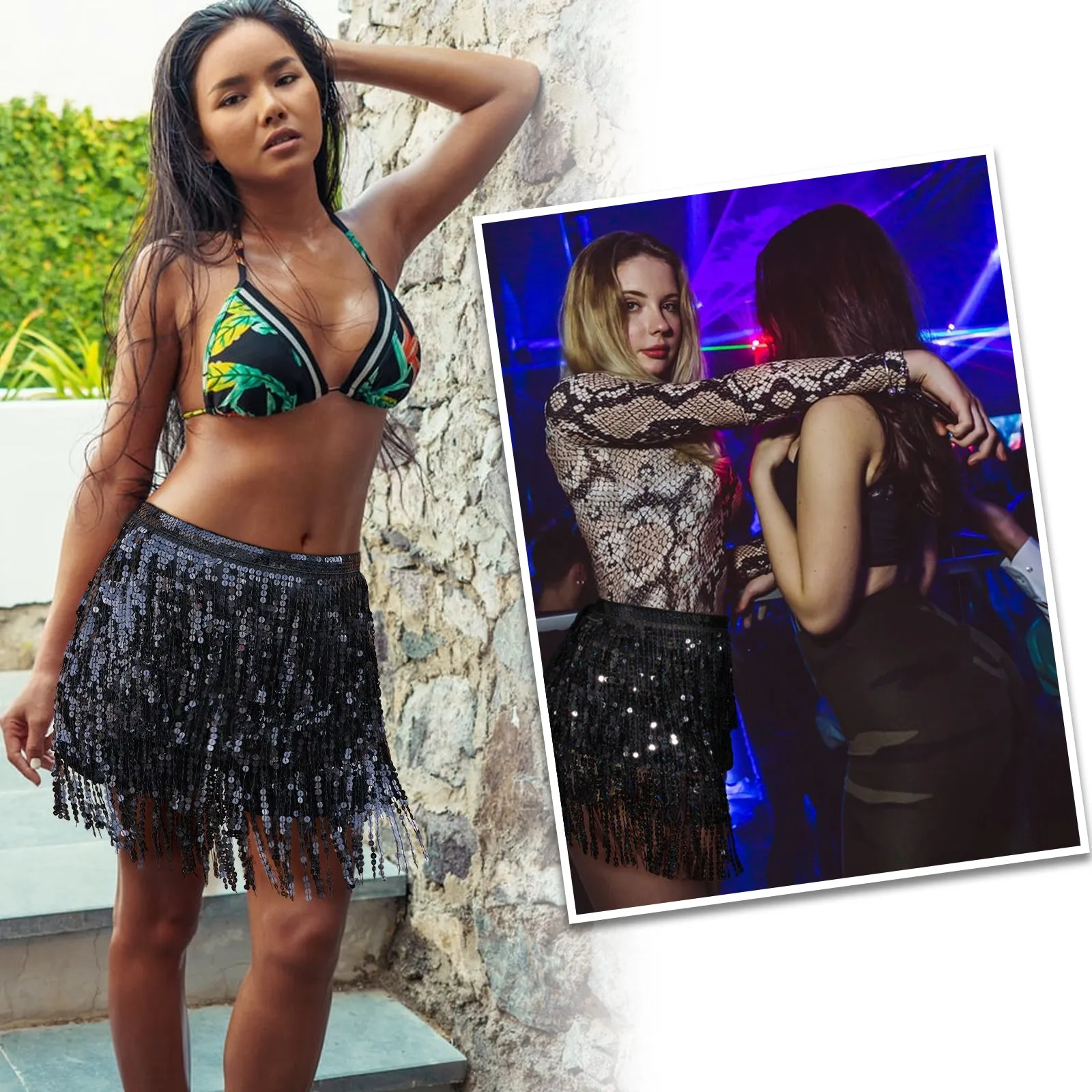 Belly Dance Hip Sequin Tassel Skirt Beach Music Festival Rave Party Scarf Belt Skirt Halloween for Women