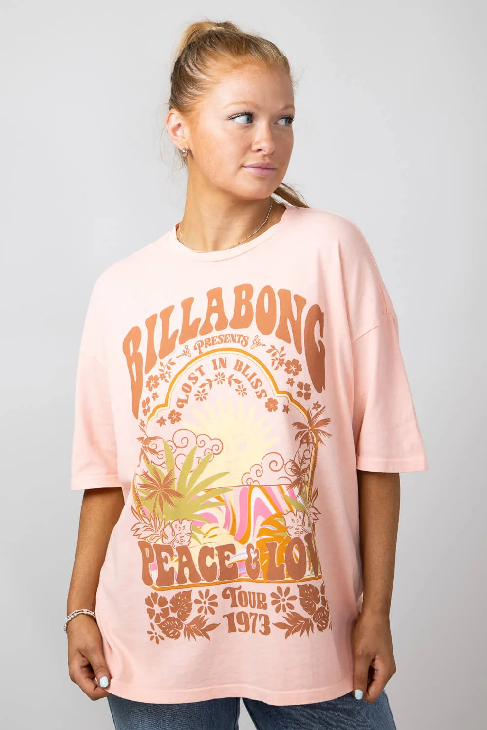Billabong Peace and Love Oversized Graphic T-Shirt for Women in Peachy  | 24B353429-MEH0
