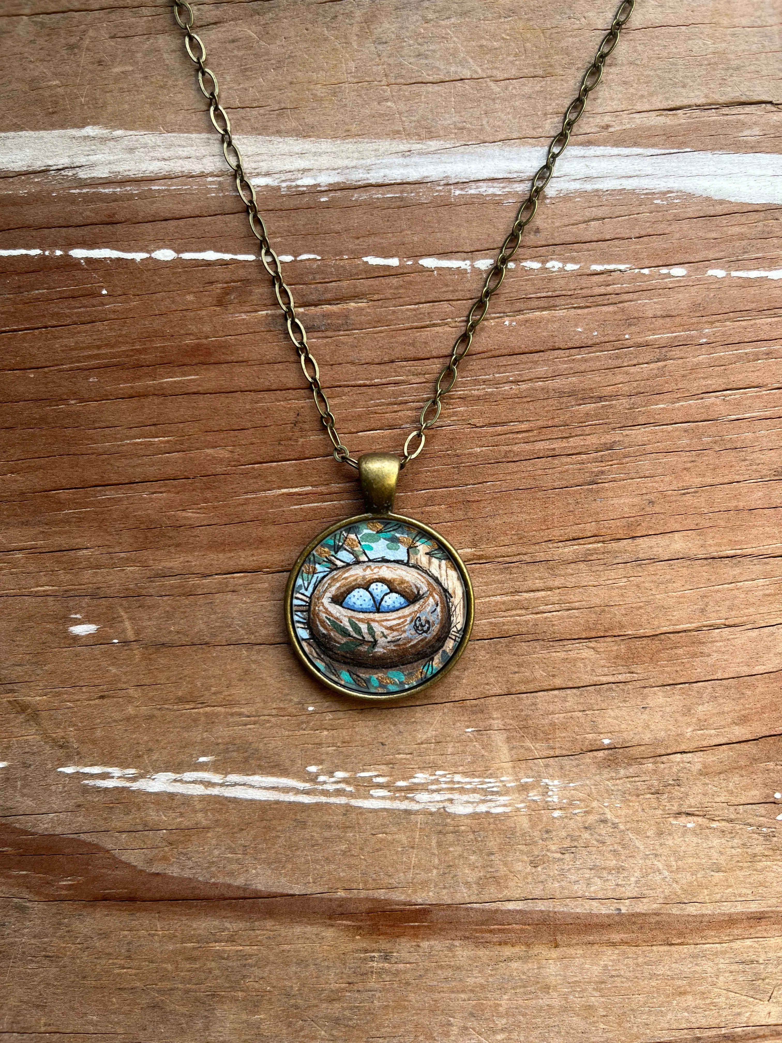 Bird Nest Necklace, Watercolor Hand Painted Necklace, Original Art Pendant
