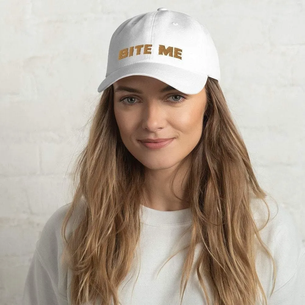 Bite Me Dad Hat - Camo or White & Gold