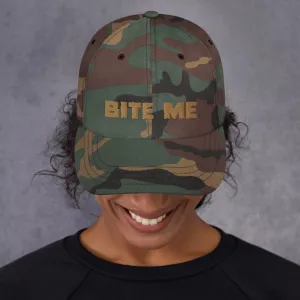 Bite Me Dad Hat - Camo or White & Gold